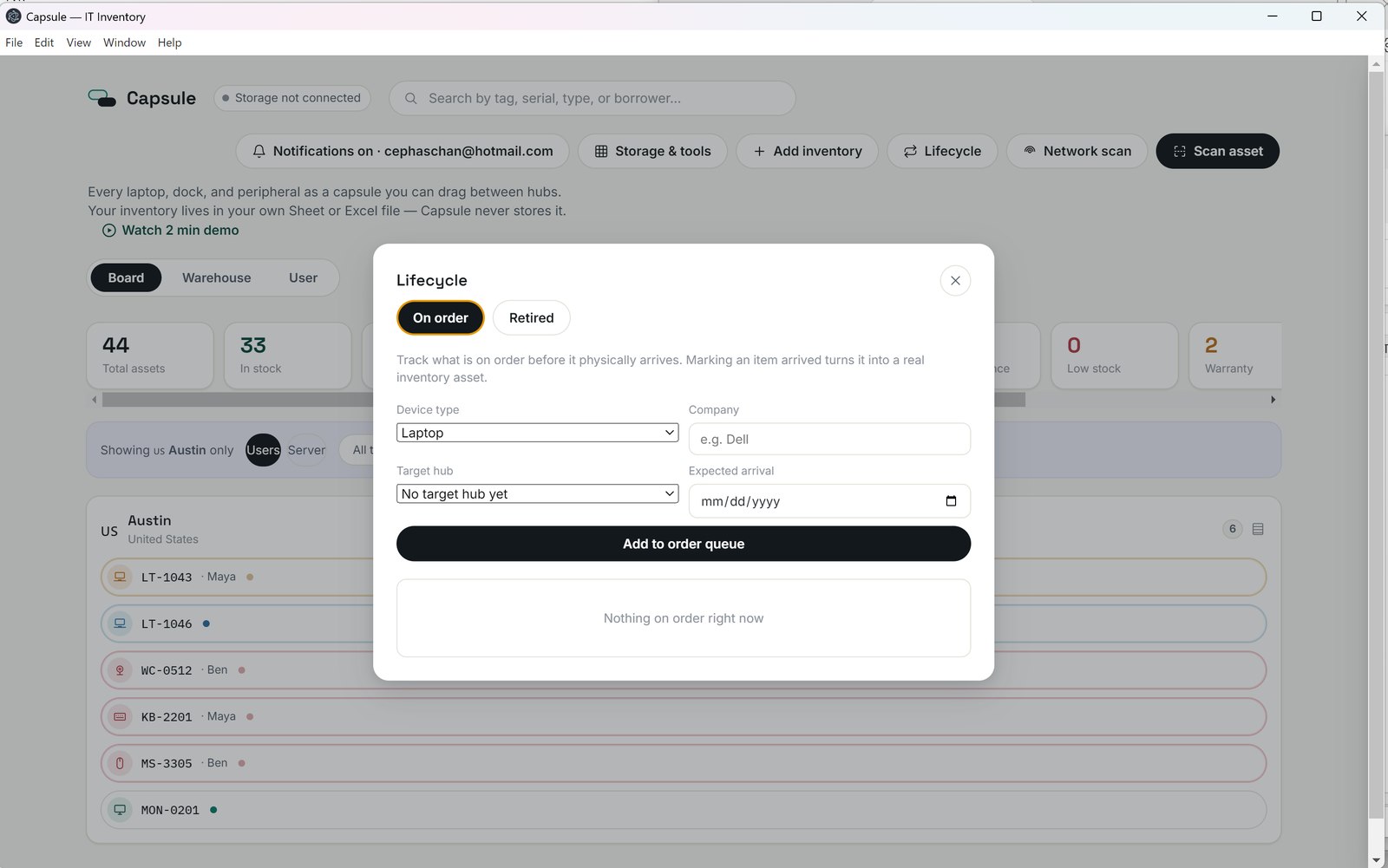 Capsultory Lifecycle view showing an On order queue with device type, target hub, and expected arrival date