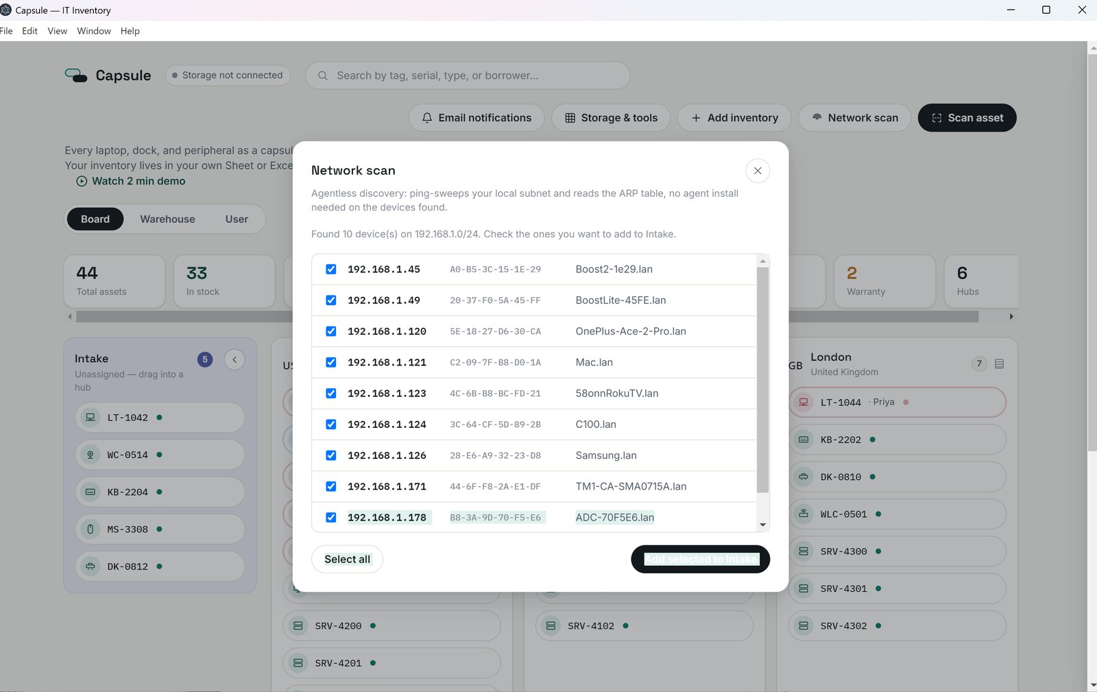 Capsultory Network scan results listing discovered devices with IP address, MAC address, and hostname