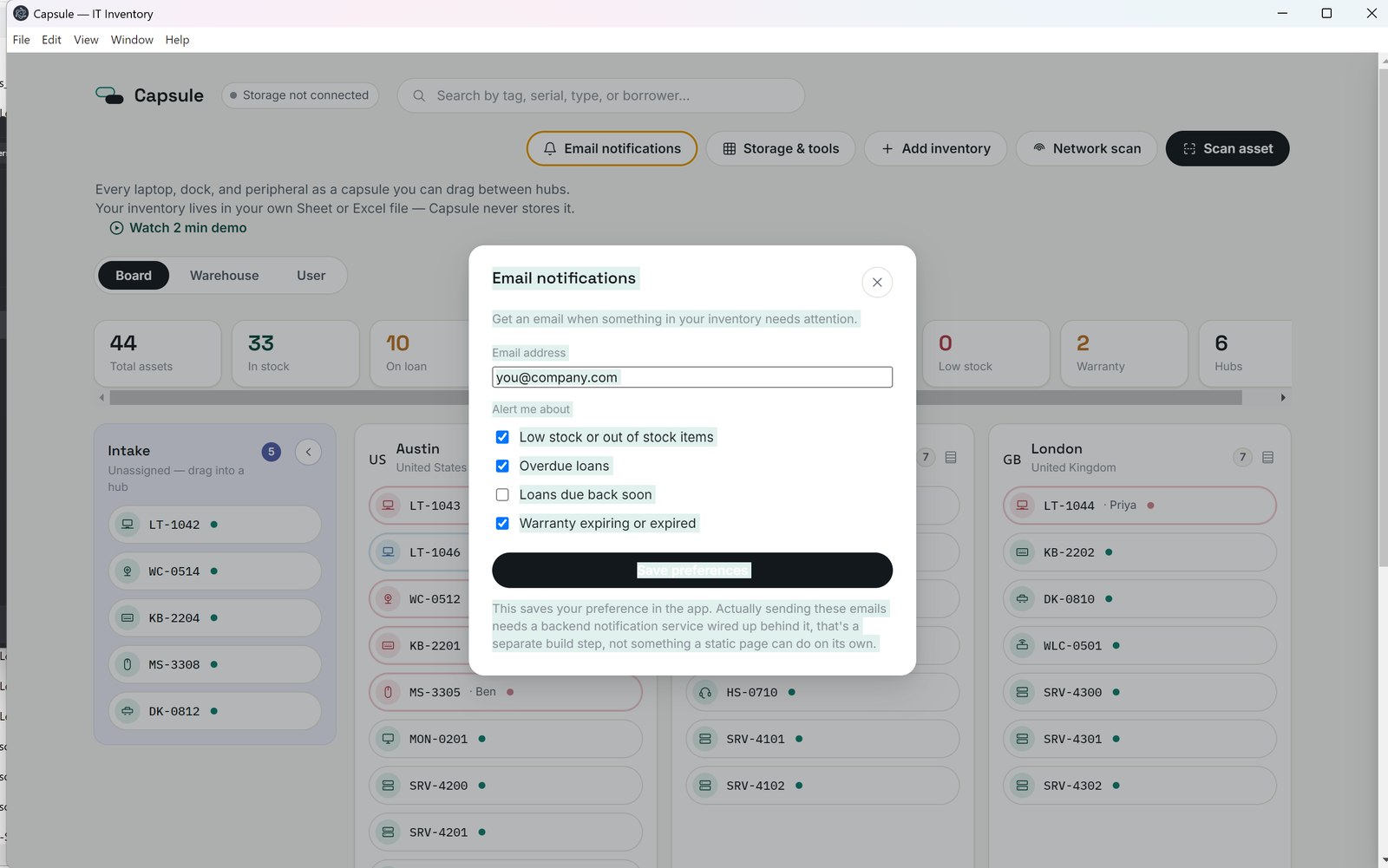 Capsultory Email notifications settings showing recipient list and alert categories for low stock, overdue loans, and warranty