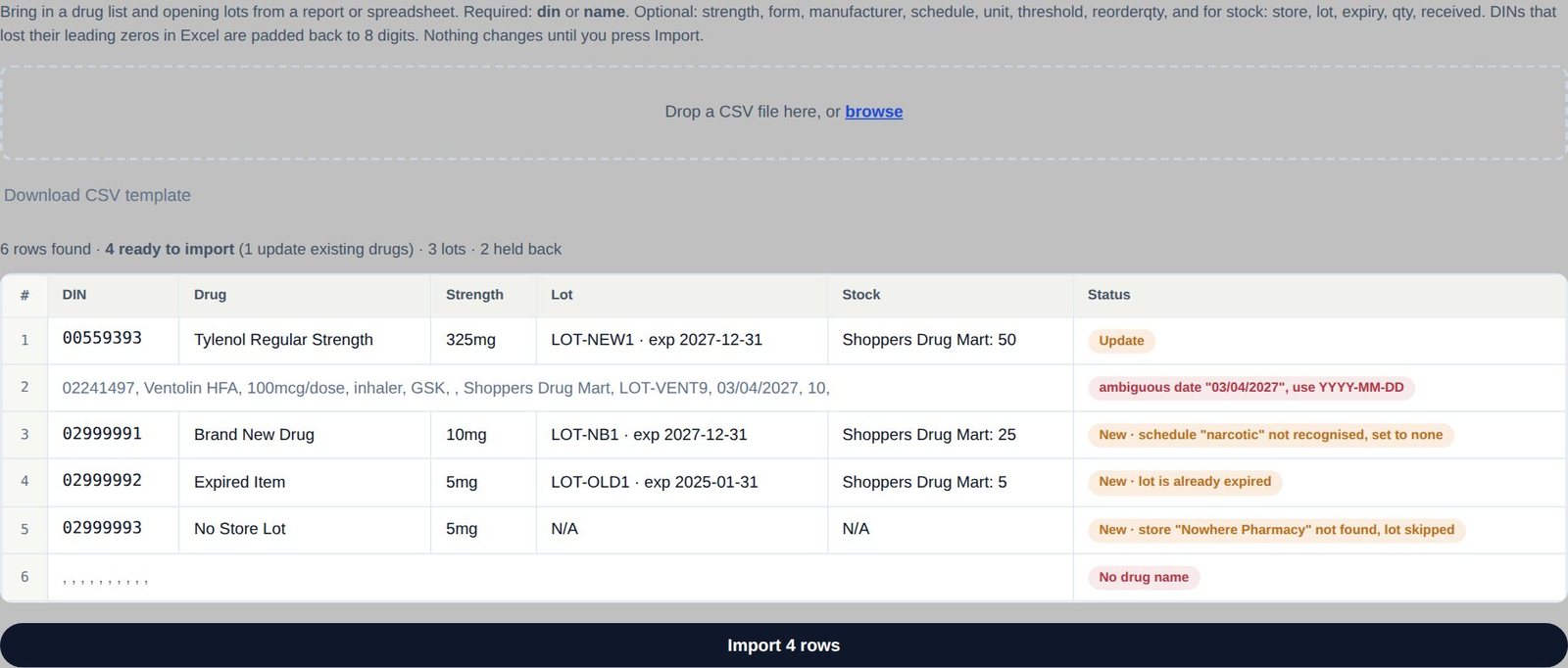 Capsultory Rx CSV import preview showing each row as new, update or held back with the reason