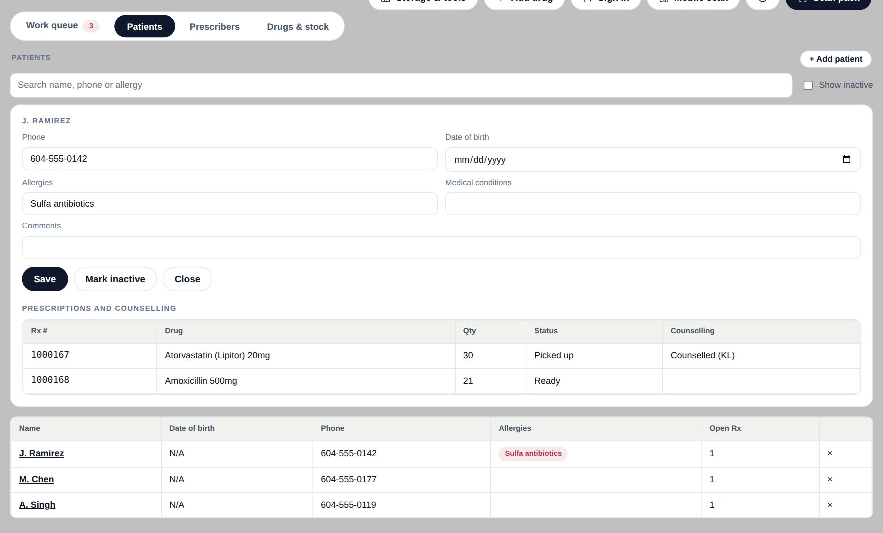 Capsultory Rx patient record with allergies, medical conditions, comments and prescription and counselling history
