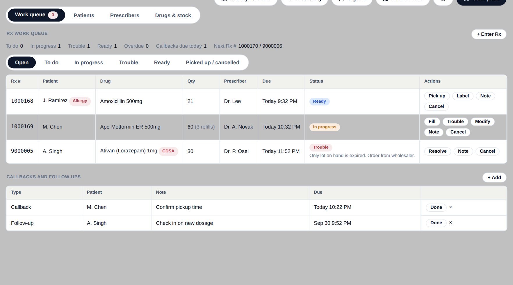 Capsultory Rx work queue showing Rxs by status, a fill from a lot, and callbacks and follow-ups