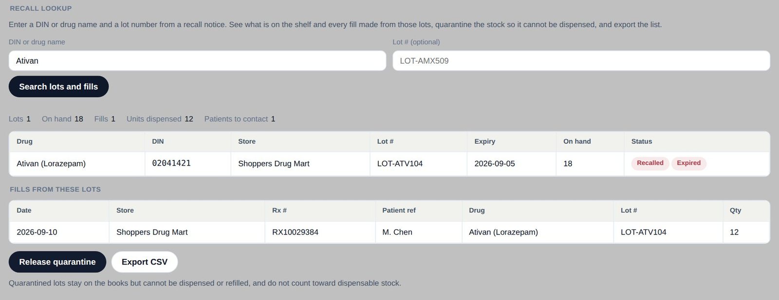 Capsultory Rx recall lookup listing a recalled lot and every fill made from it