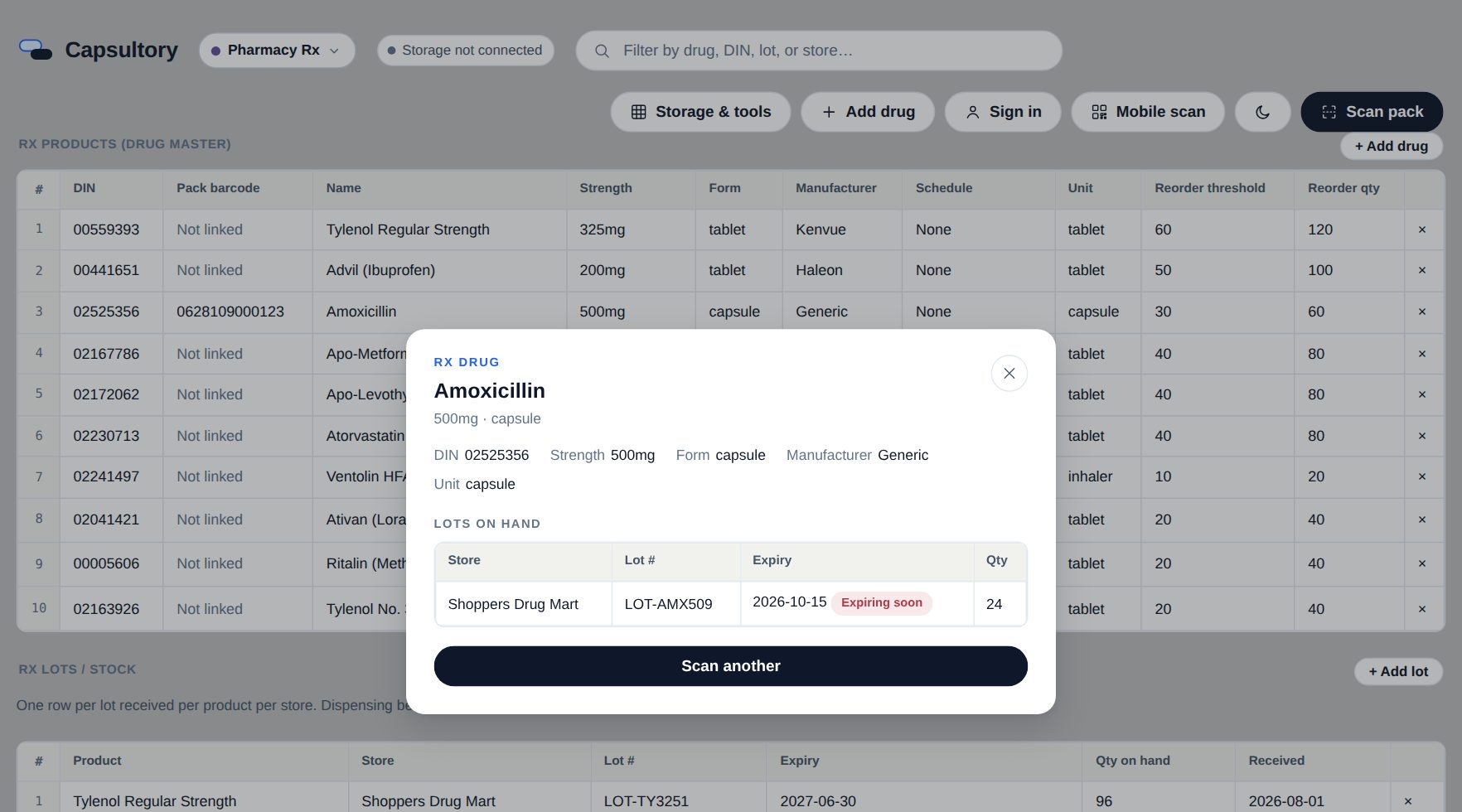 Capsultory pack scan result showing drug details and lots on hand