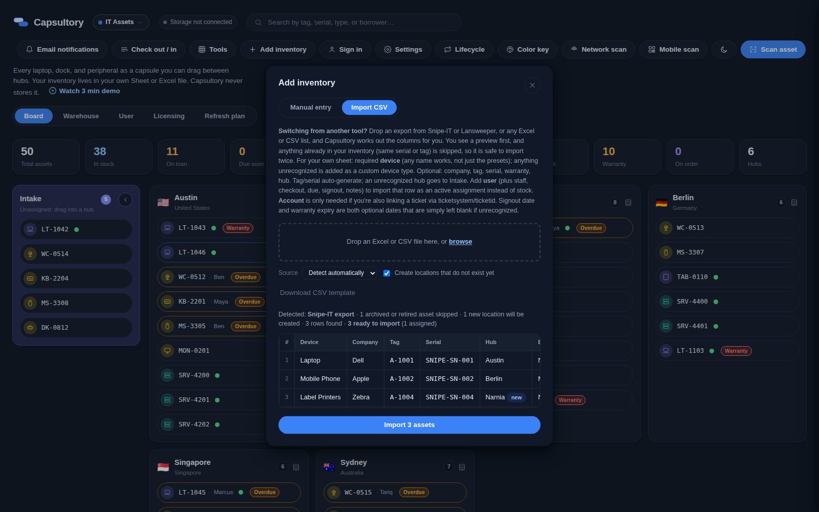 Capsultory import preview detecting a Snipe-IT export and listing the rows ready to import
