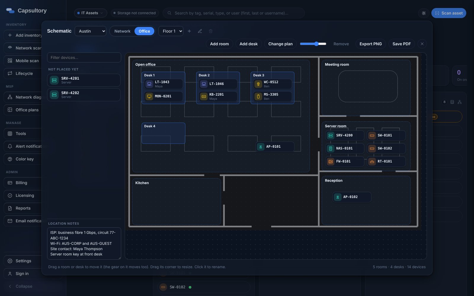 Capsultory office plan with a floor plan image, rooms, desks with assigned laptops and monitors, and network gear in the server room