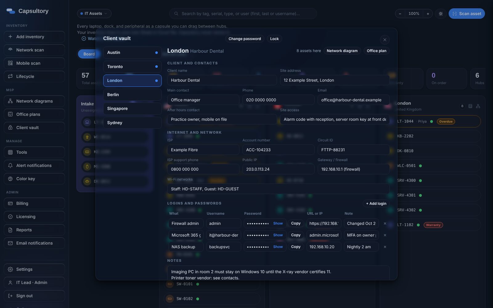 Capsultory client vault showing a client location with contacts, ISP and network details, encrypted logins and notes